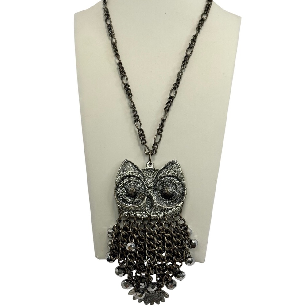 Vintage Owl Statement Necklace Antique Silver Rhinestone Beaded Fringe Y2K Retro